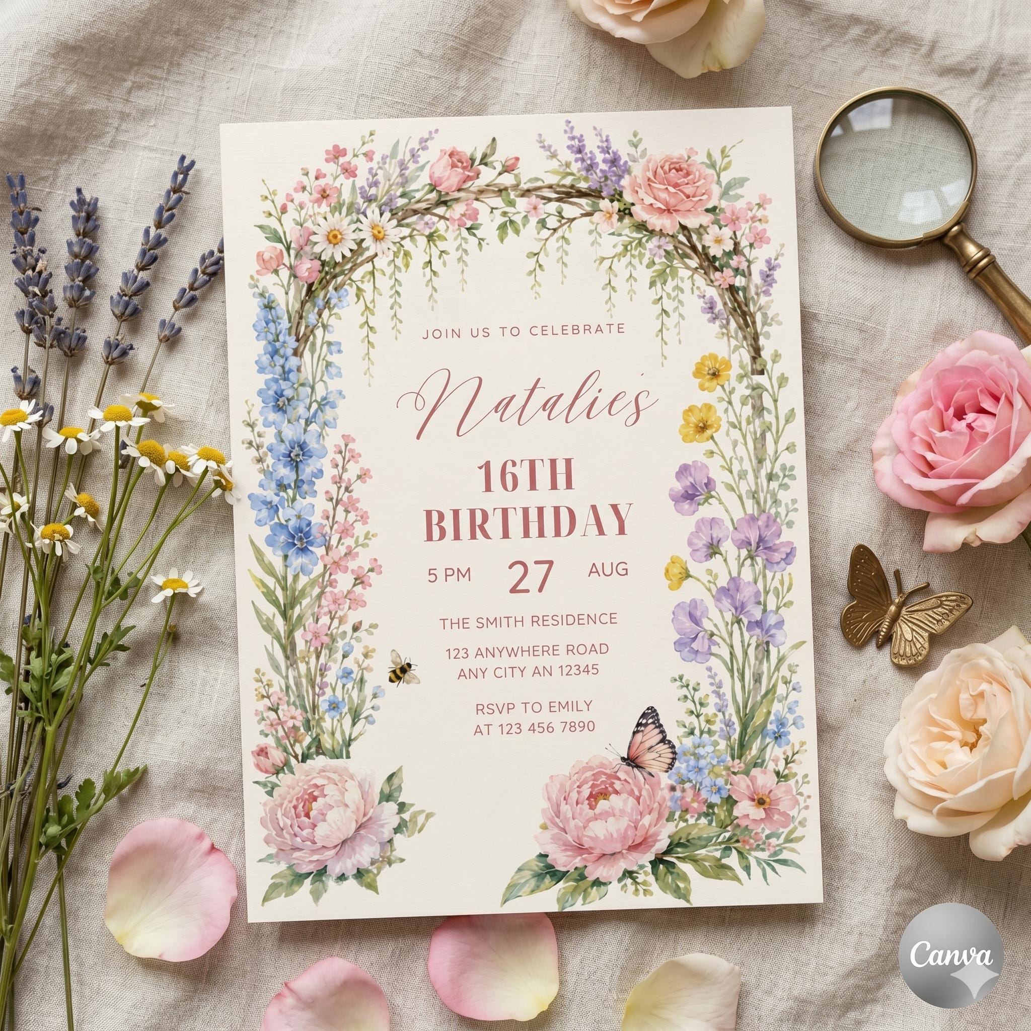 Spring Floral Party Birthday Invitation, Printable DIY Party, Flowers Birthday Invite, Spring Party, Editable Birthday Party Invite