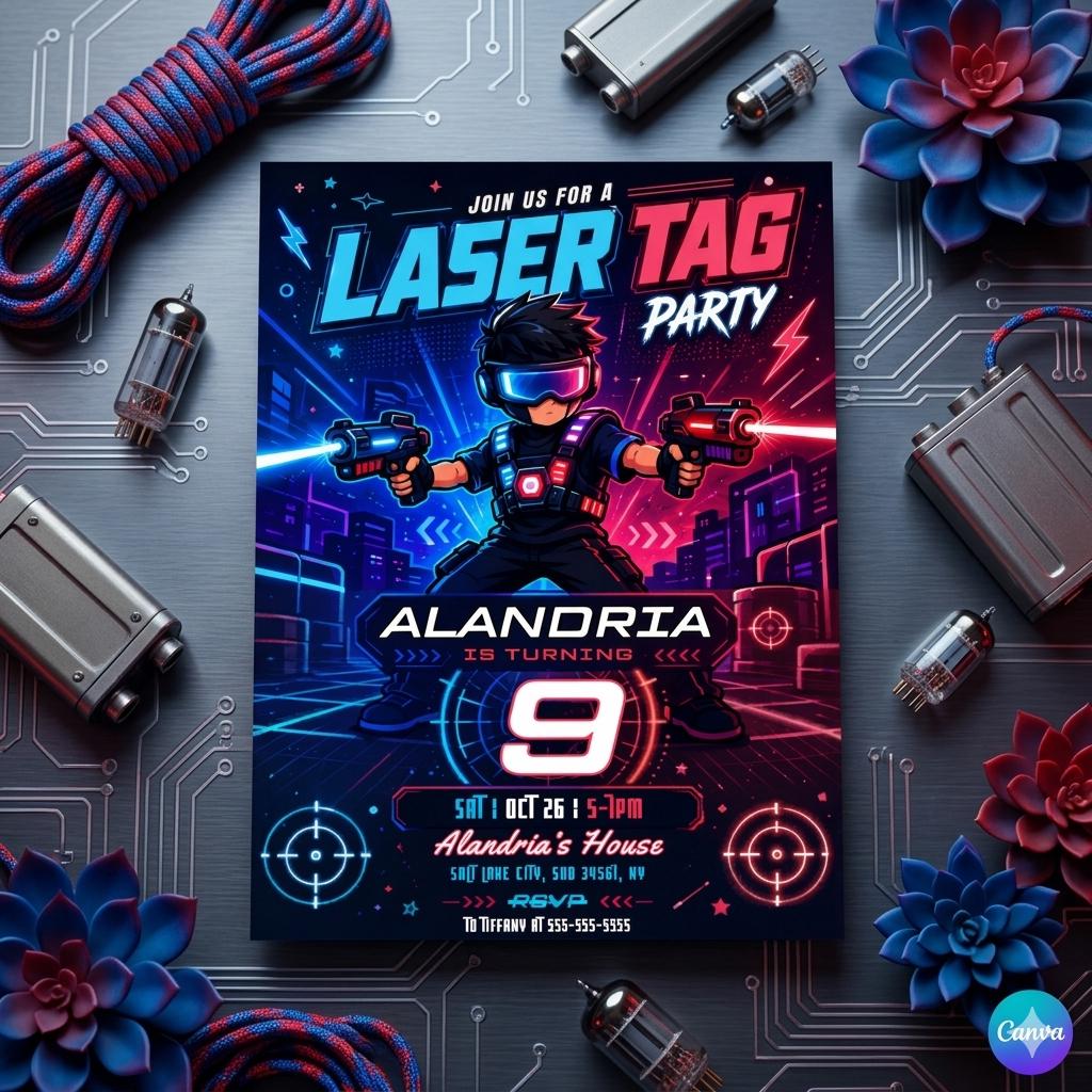 Laser Tag Birthday Invitation, Laser Tag Invite, Neon Laser Tag Invite, Neon Glow Laser Tag, Editable Canva Template