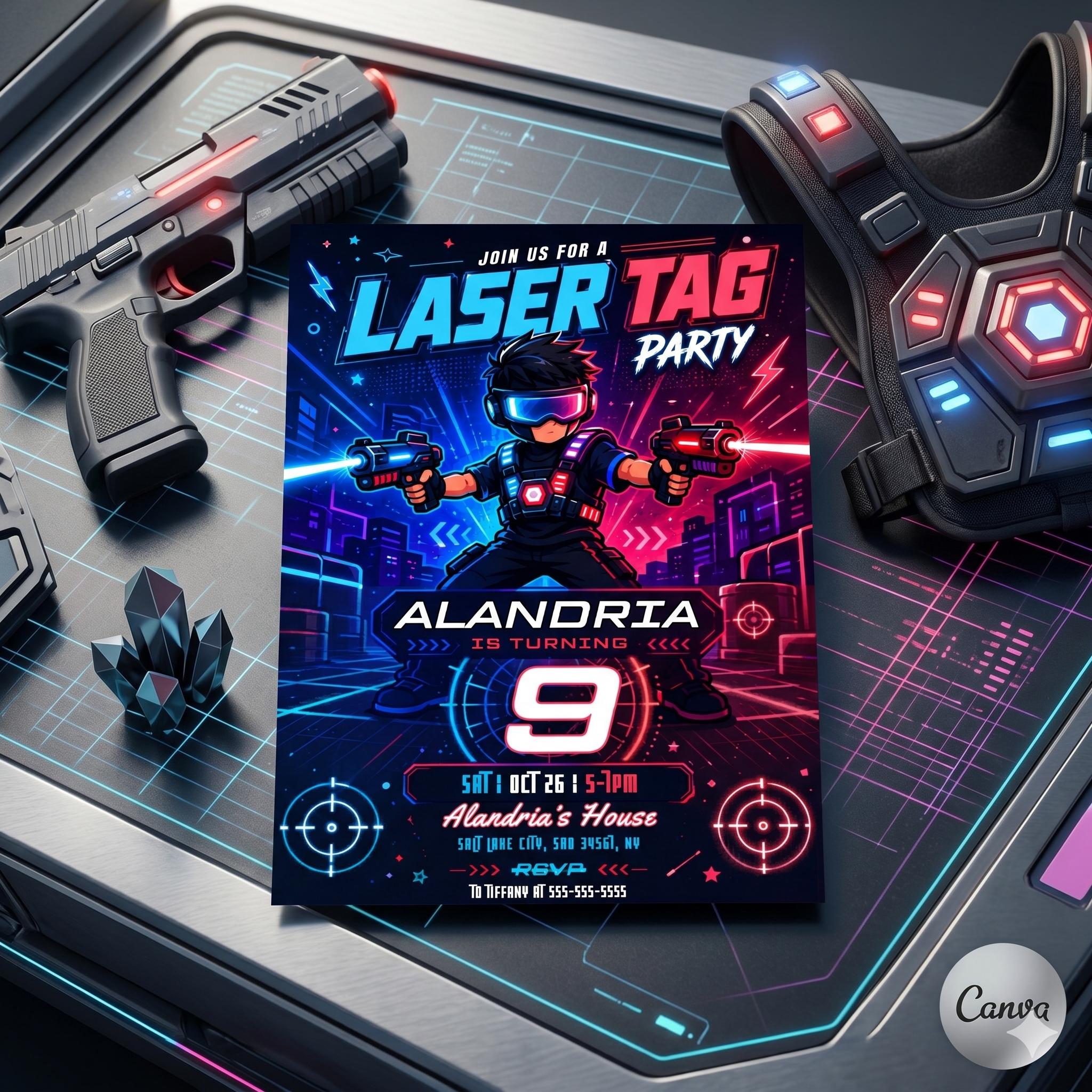 Laser Tag Birthday Invitation, Laser Tag Invite, Neon Laser Tag Invite, Neon Glow Laser Tag, Editable Canva Template
