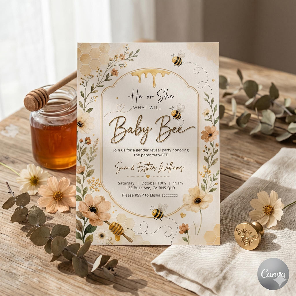 Baby Bee Gender Reveal Invitation Template , What Will Baby Bee Shower Invite (Digital Download) , A26