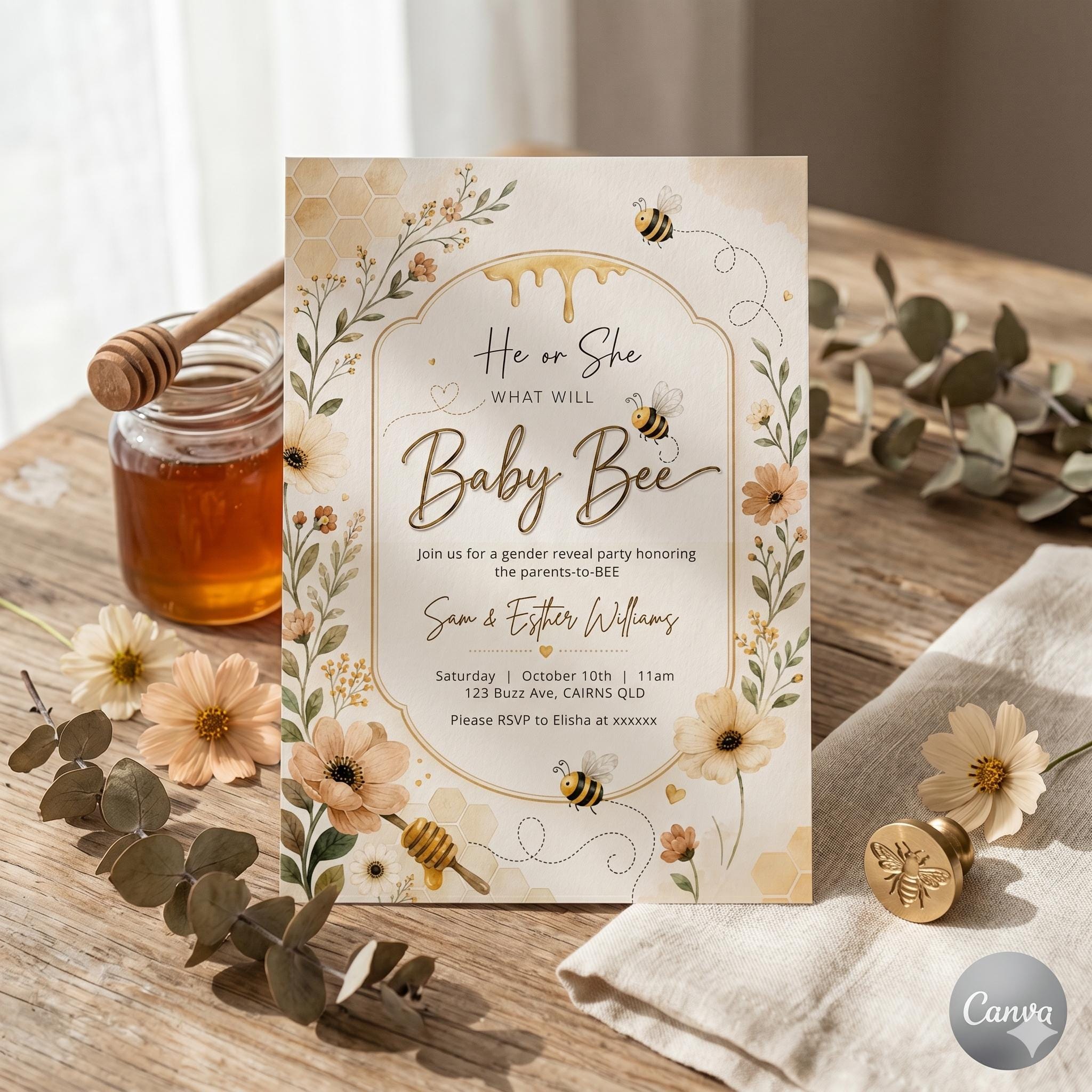 Baby Bee Gender Reveal Invitation Template , What Will Baby Bee Shower Invite (Digital Download) , A26