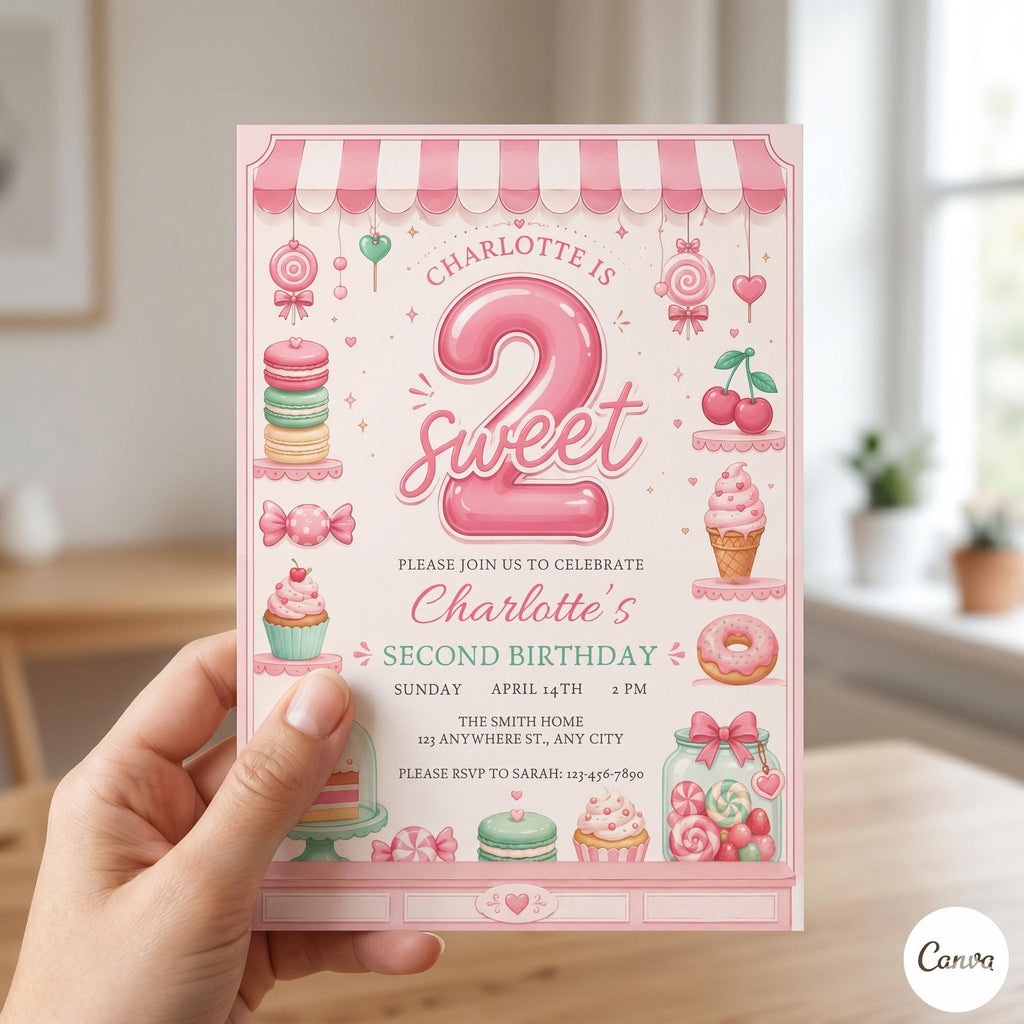 Sweet Second Birthday Party, Two Sweet Birthday Invitation In Pink, Personalized Girl (Digital Download)