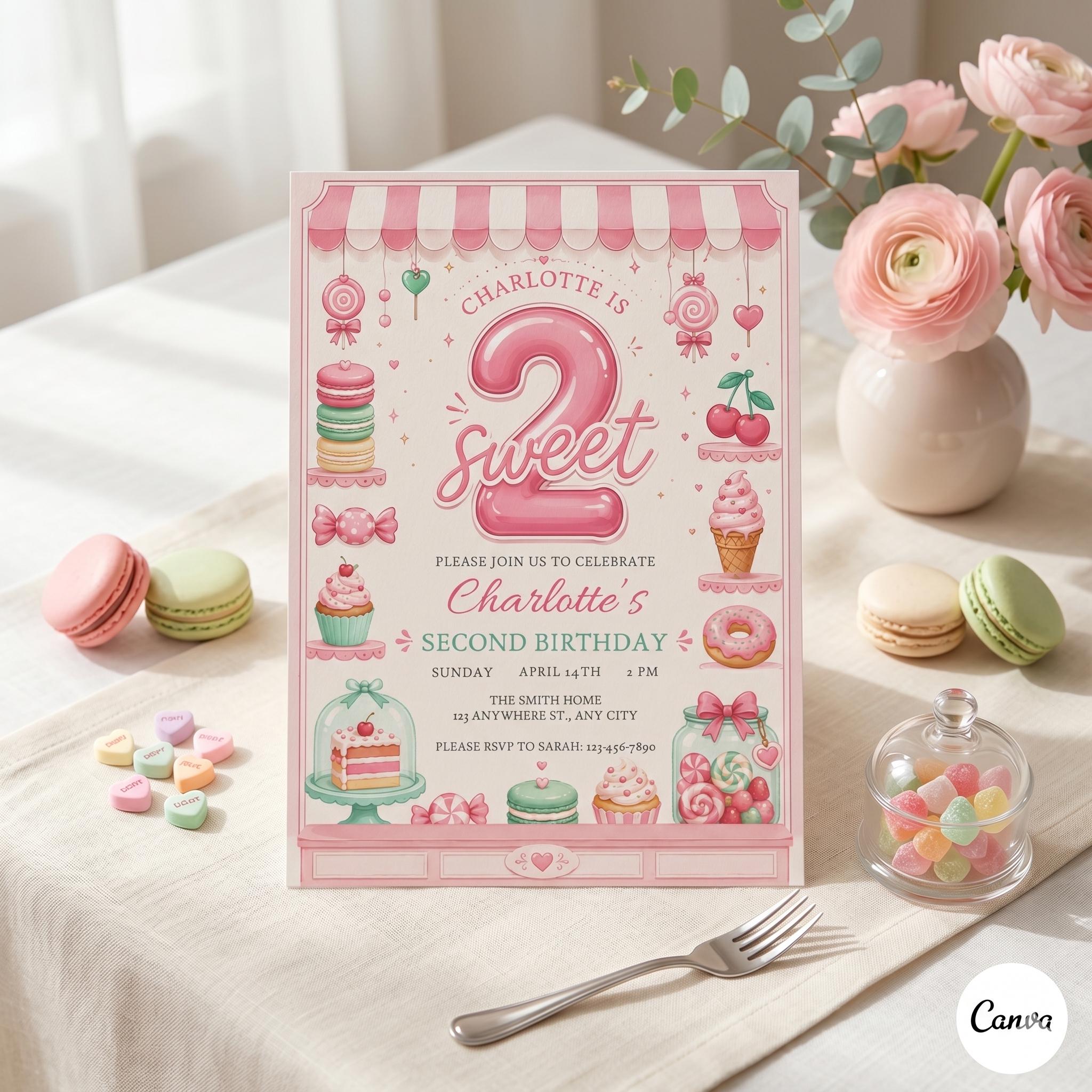 Sweet Second Birthday Party, Two Sweet Birthday Invitation In Pink, Personalized Girl (Digital Download)