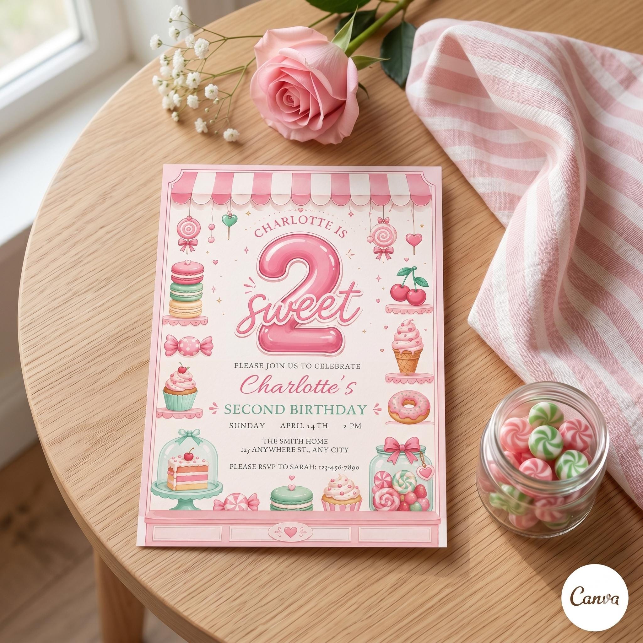 Sweet Second Birthday Party, Two Sweet Birthday Invitation In Pink, Personalized Girl (Digital Download)