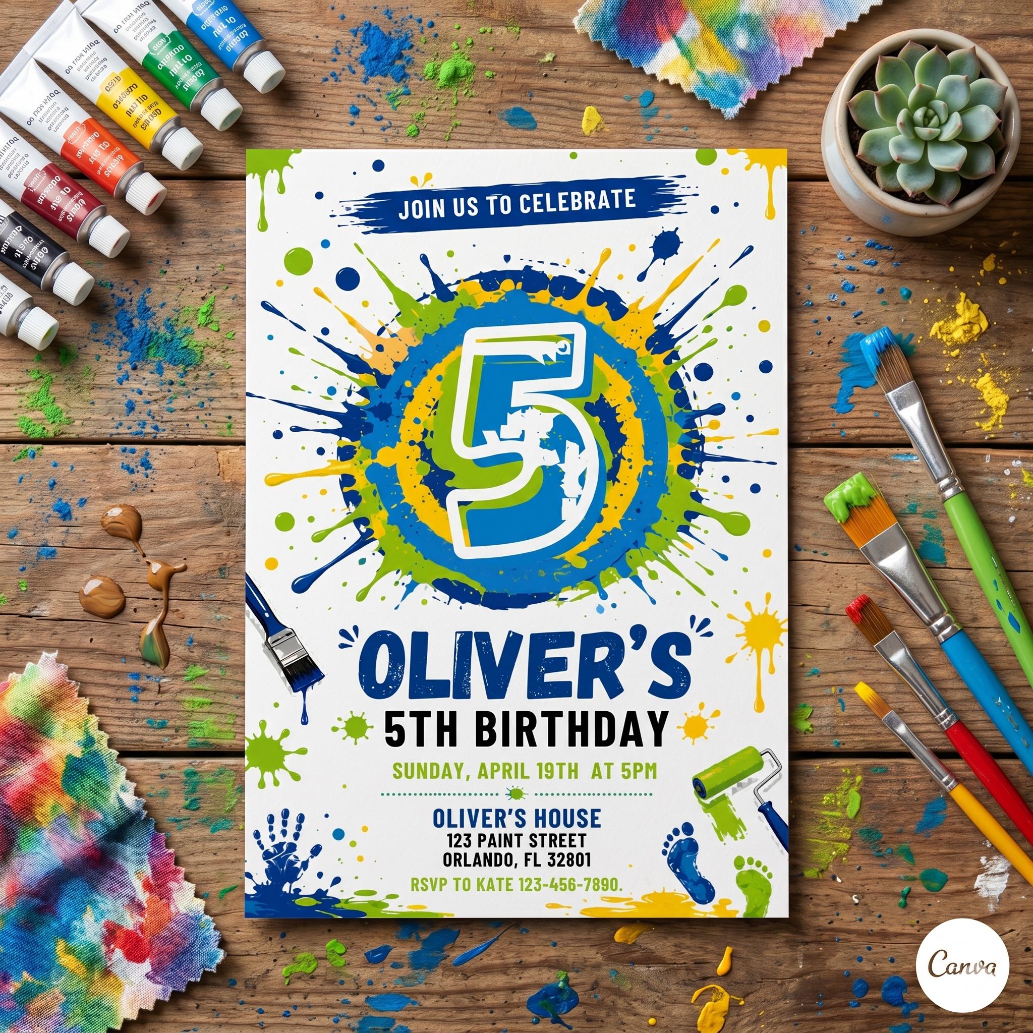 Splash Paint Boy Birthday Invitation, Fun Paint Birthday Invite, 5Th Boy Birthday Invitation (Digital Download)