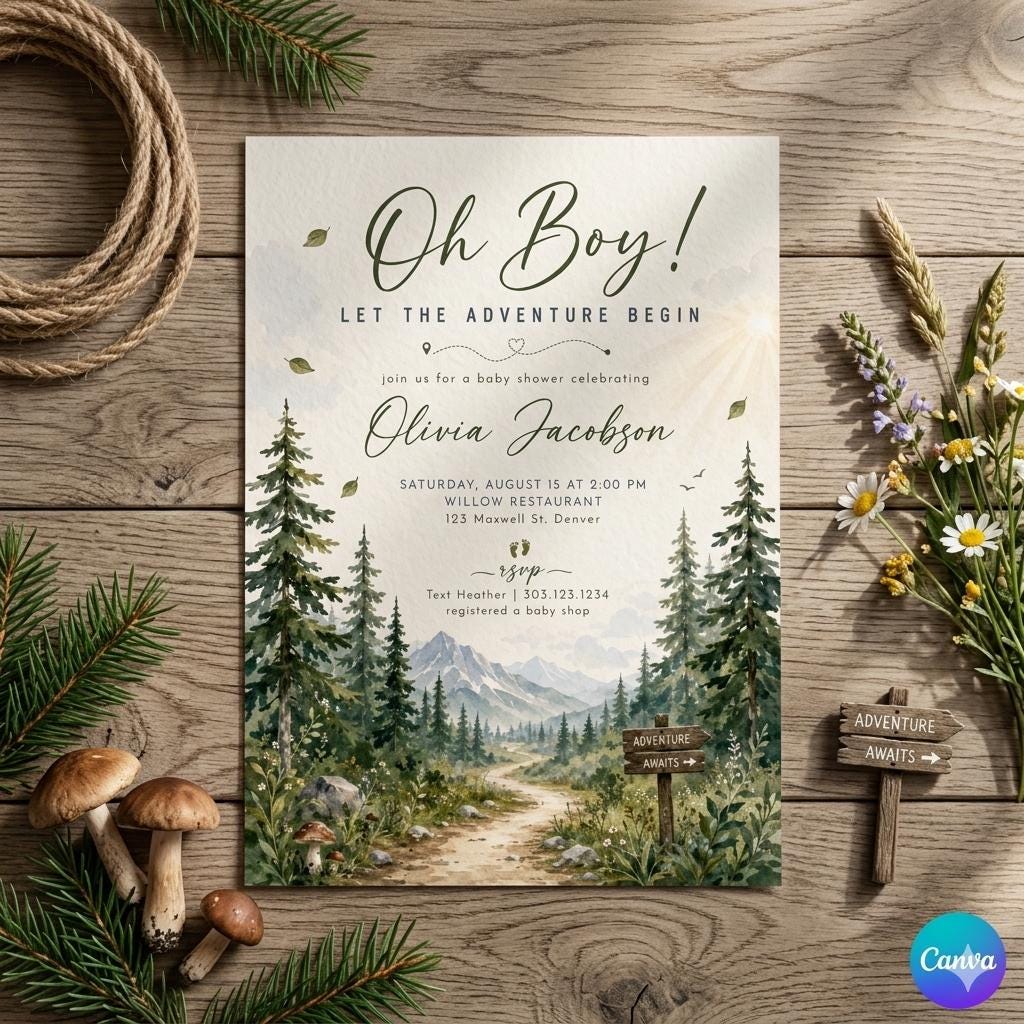 Oh Boy Adventure Baby Shower Invitation, Mountain Theme, Editable Template (Digital Download) , A10