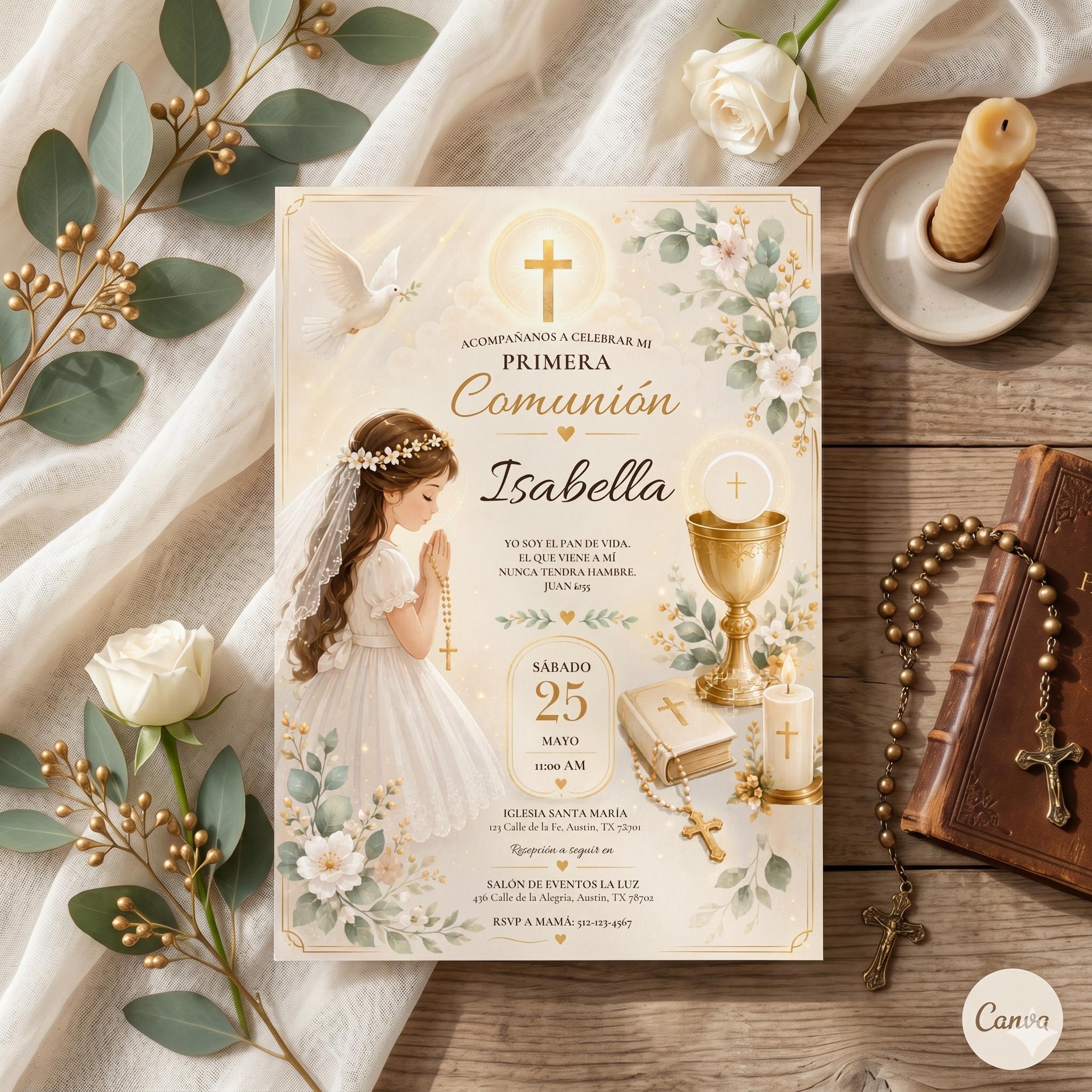 Editable Spanish First Communion Invitation Template: Gold Beige Girl Catholic Invite (Digital Download)