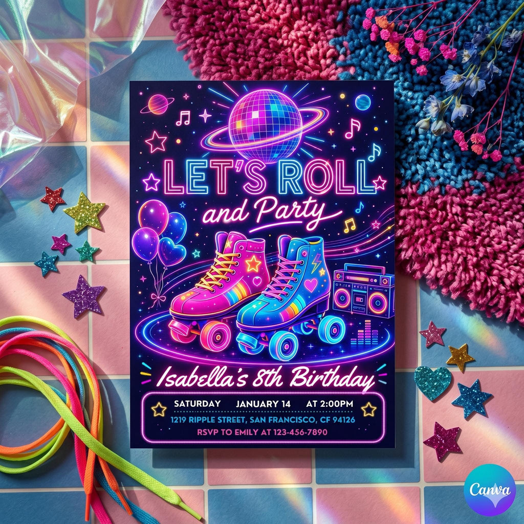Neon Roller Skate Birthday Invitation: Let's Roll Party Template (Digital Download)