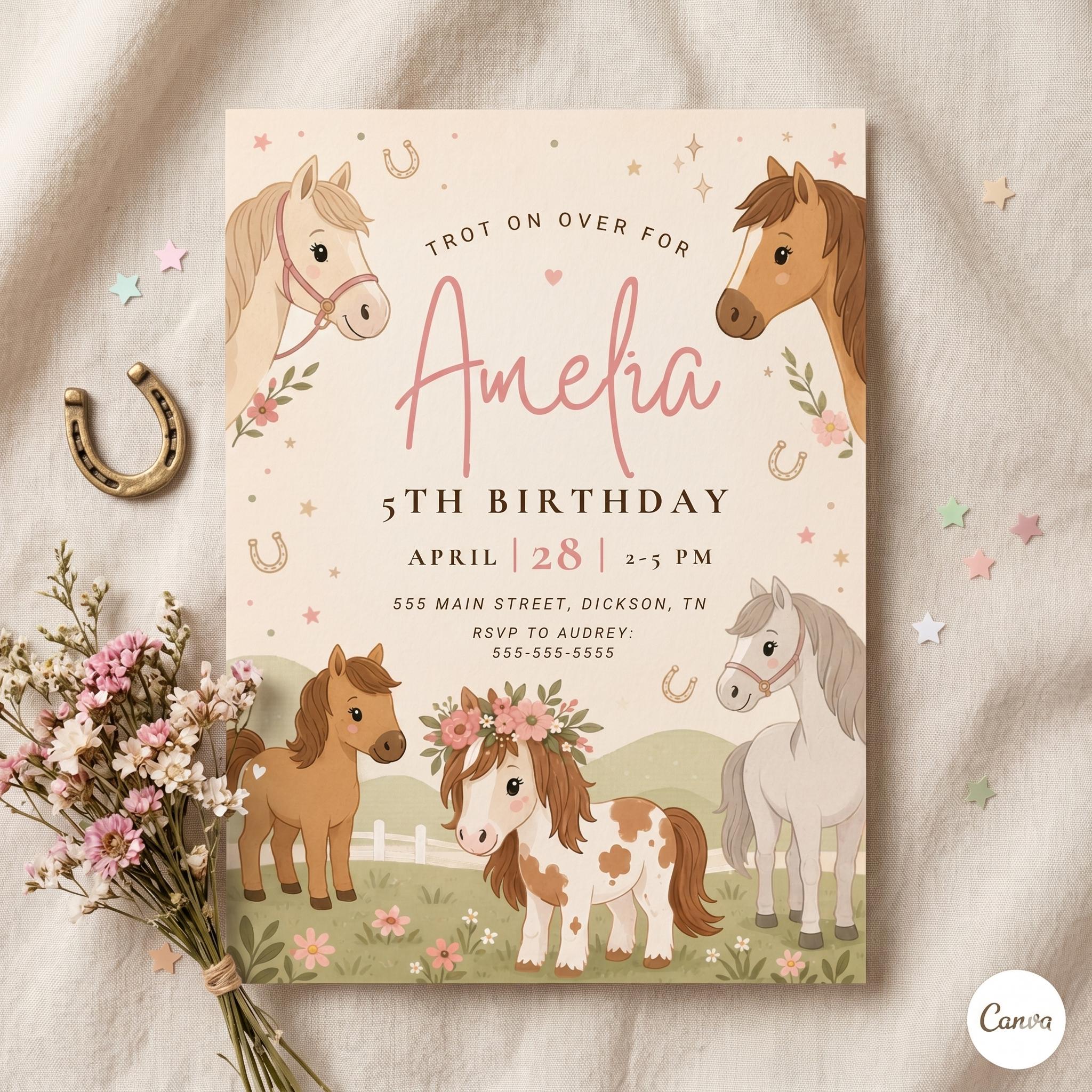 Horse Birthday Invitation Template: Saddle Up Party Template, Pastel Western Birthday Equestrian Invite, Cowgirl Invite, Canva Template ,A21
