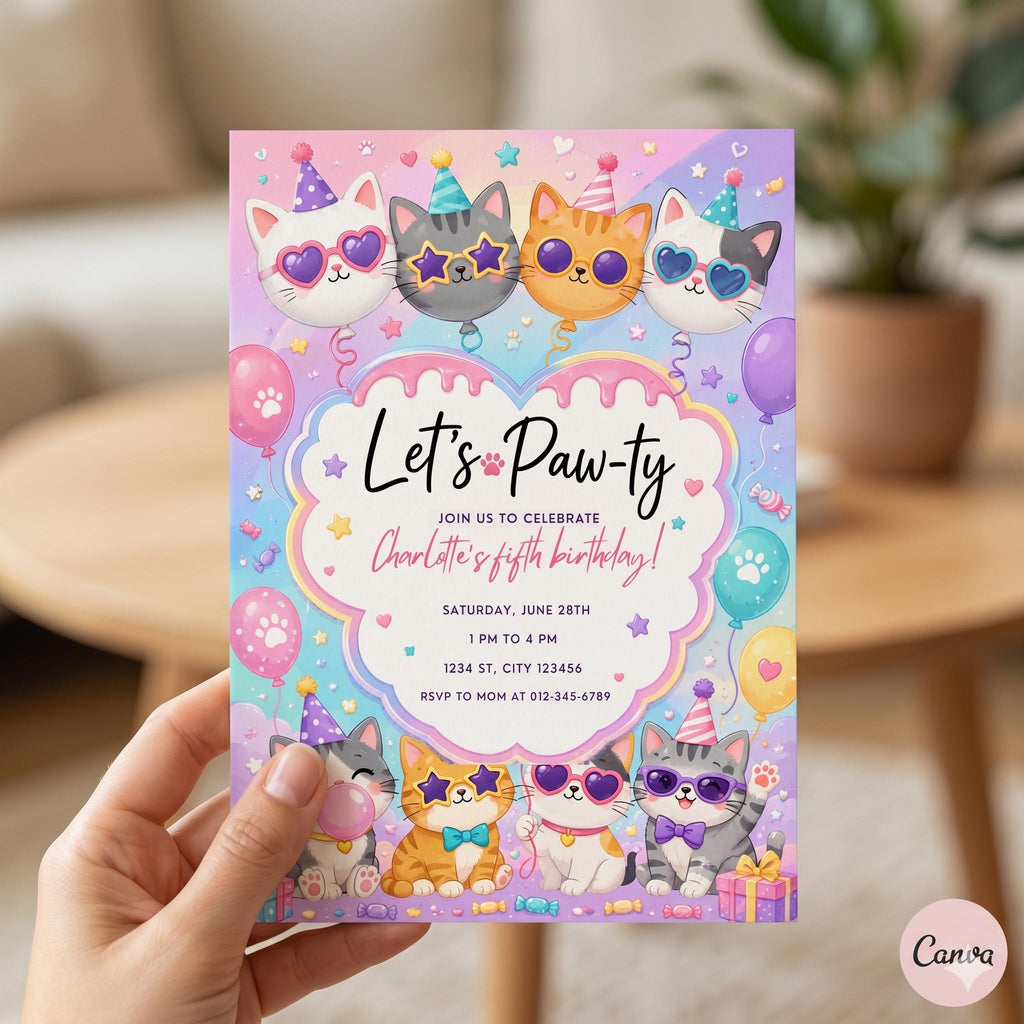 Cat Birthday Party , “Let’s Pawty” Invitation – Neon Kitten Party Invite – Pink Blue Meow Purrfect Birthday (Digital Download)