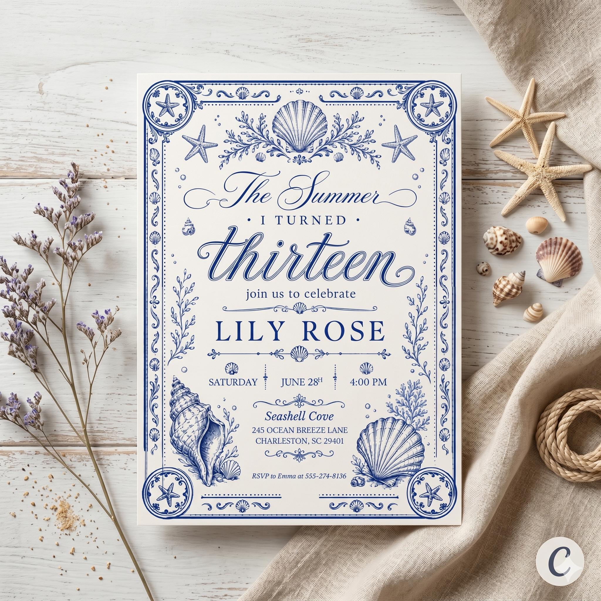 The Summer I Turned Thirteen, Any Age TSITP Theme Birthday, Blue Hydrangea Invite, Blue Flowers TSITP, Teen Girl Birthday Invite, Custom age