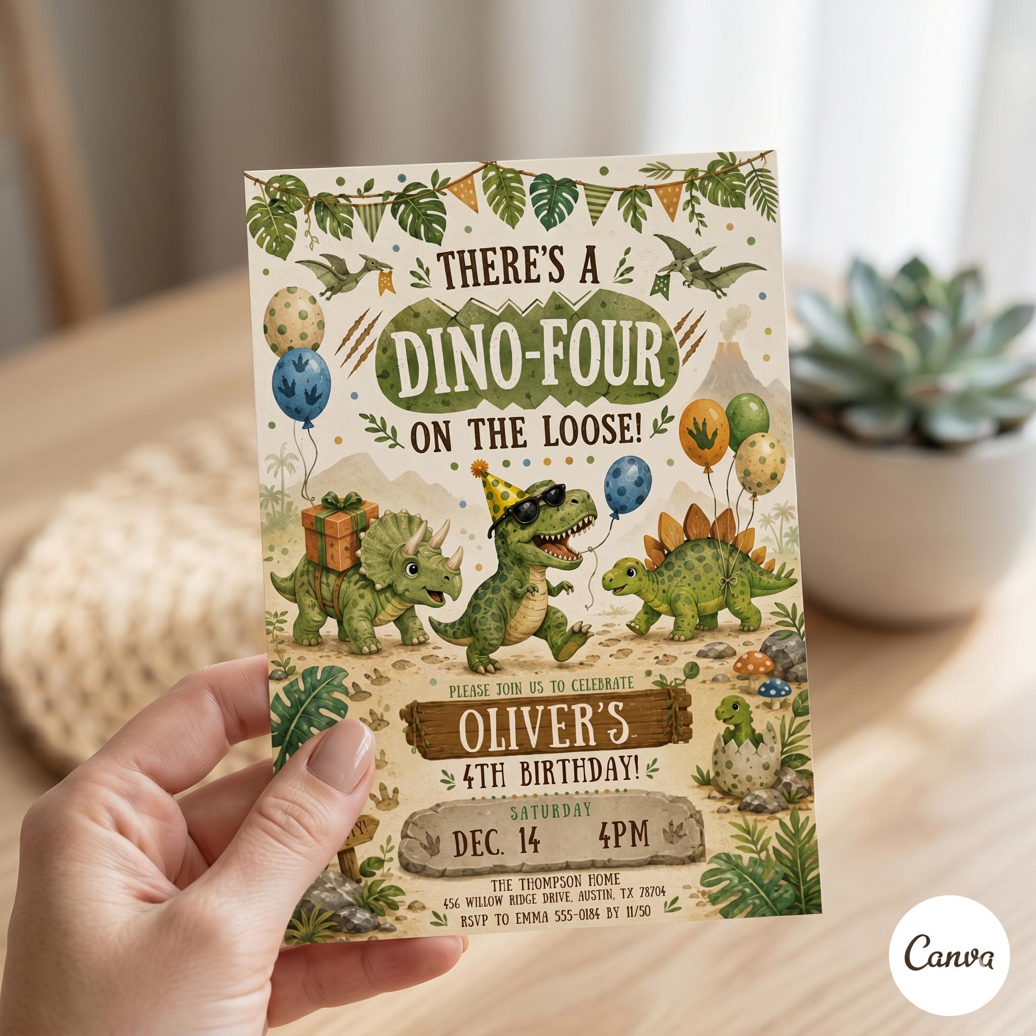 Dino Four Birthday Invitation, Dinosaur 4th Birthday Invite Boy, TRex Birthday Party Invitation, Dino Party Invite Printable, Canva template