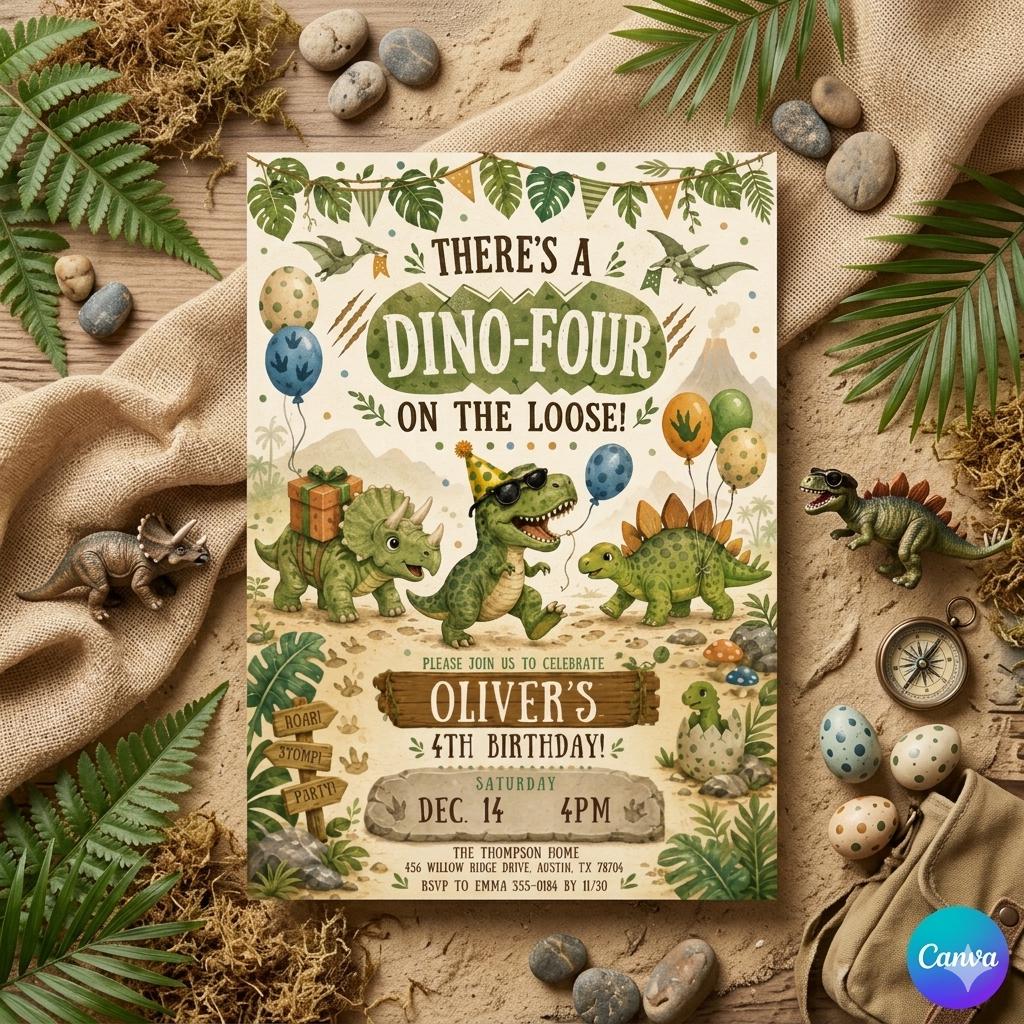 Dino Four Birthday Invitation, Dinosaur 4th Birthday Invite Boy, TRex Birthday Party Invitation, Dino Party Invite Printable, Canva template