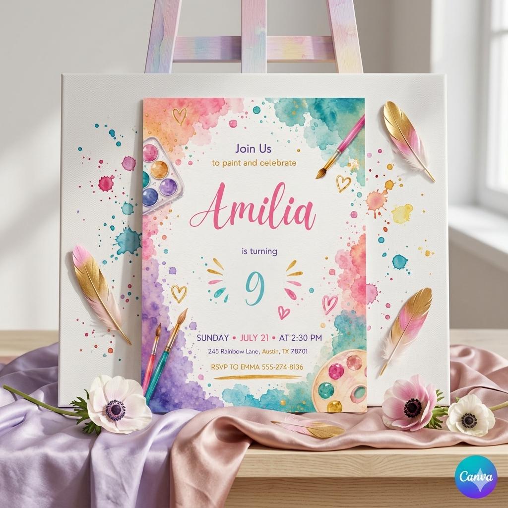 Painting Birthday Invitation, Let’s Paint and Celebrate Invitation, Pastel Rainbow Watercolor, Art Painting Artist Birthday Invitation