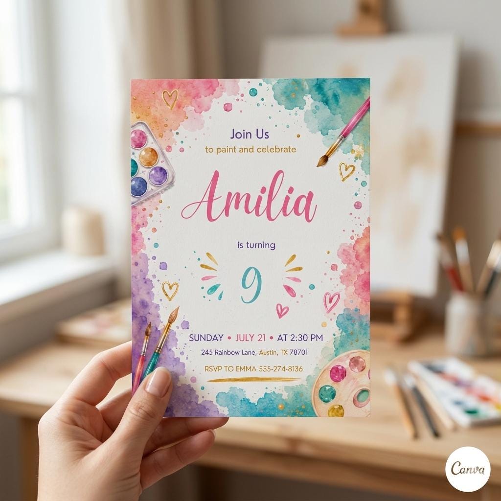 Painting Birthday Invitation, Let’s Paint and Celebrate Invitation, Pastel Rainbow Watercolor, Art Painting Artist Birthday Invitation