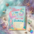 Dive into Five 5th Birthday Mermaid Invitation, Mermaid Bash Under the Sea Birthday Invite, Pink Purple Blue Mermaid Invites, Canva Template