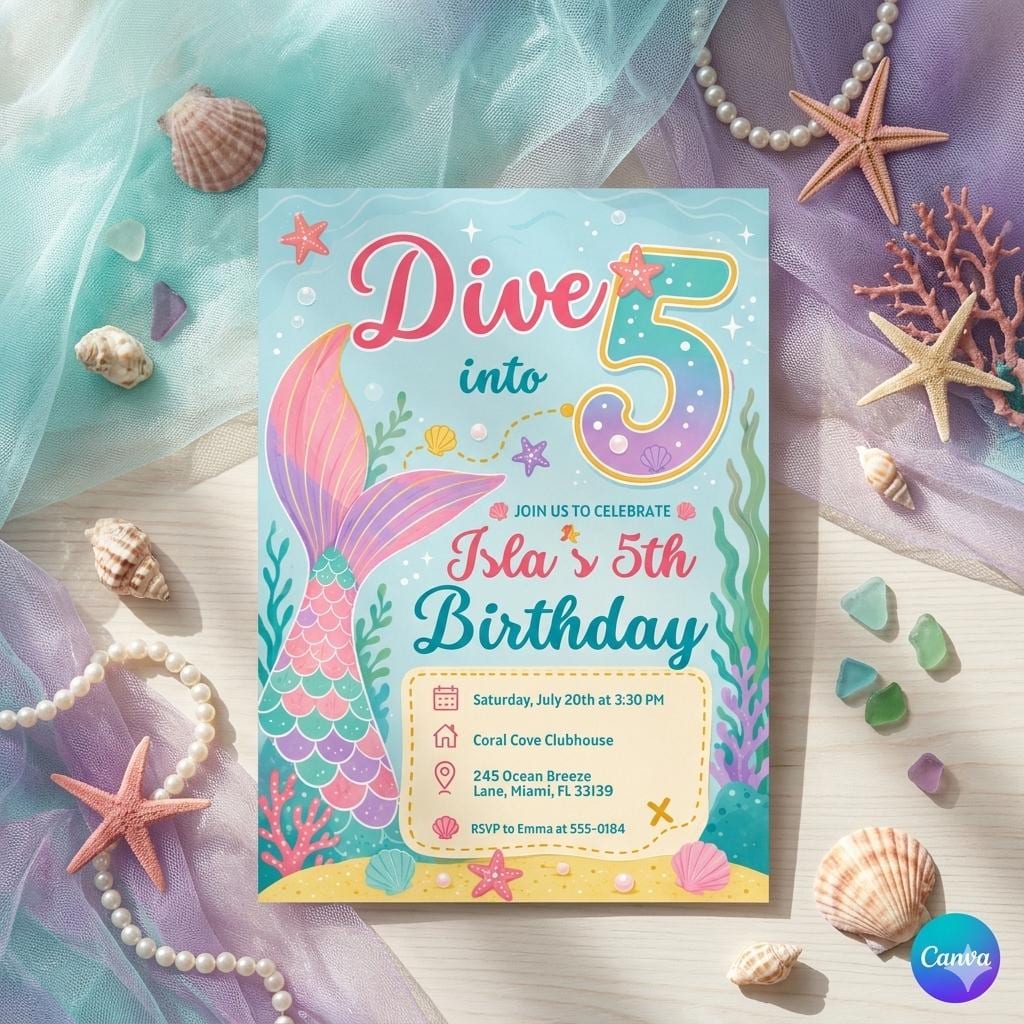 Dive into Five 5th Birthday Mermaid Invitation, Mermaid Bash Under the Sea Birthday Invite, Pink Purple Blue Mermaid Invites, Canva Template