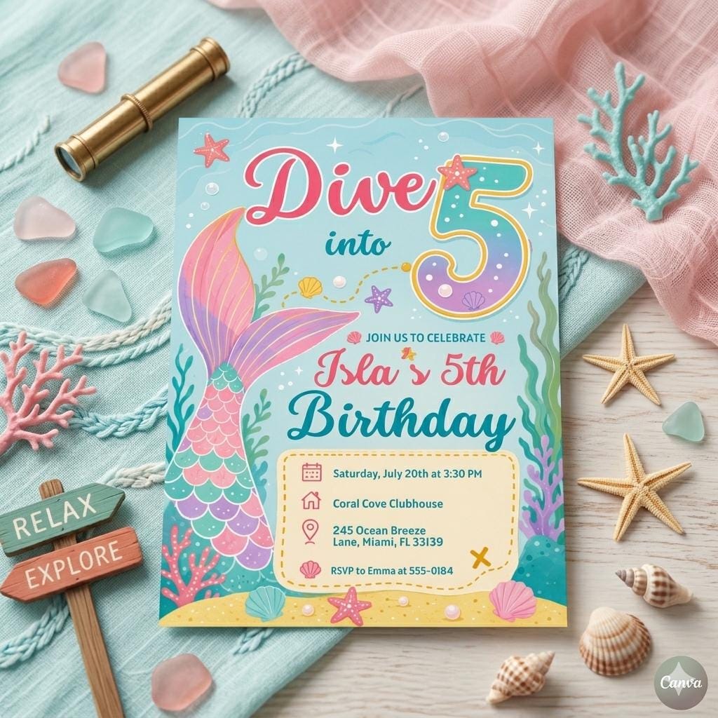 Dive into Five 5th Birthday Mermaid Invitation, Mermaid Bash Under the Sea Birthday Invite, Pink Purple Blue Mermaid Invites, Canva Template