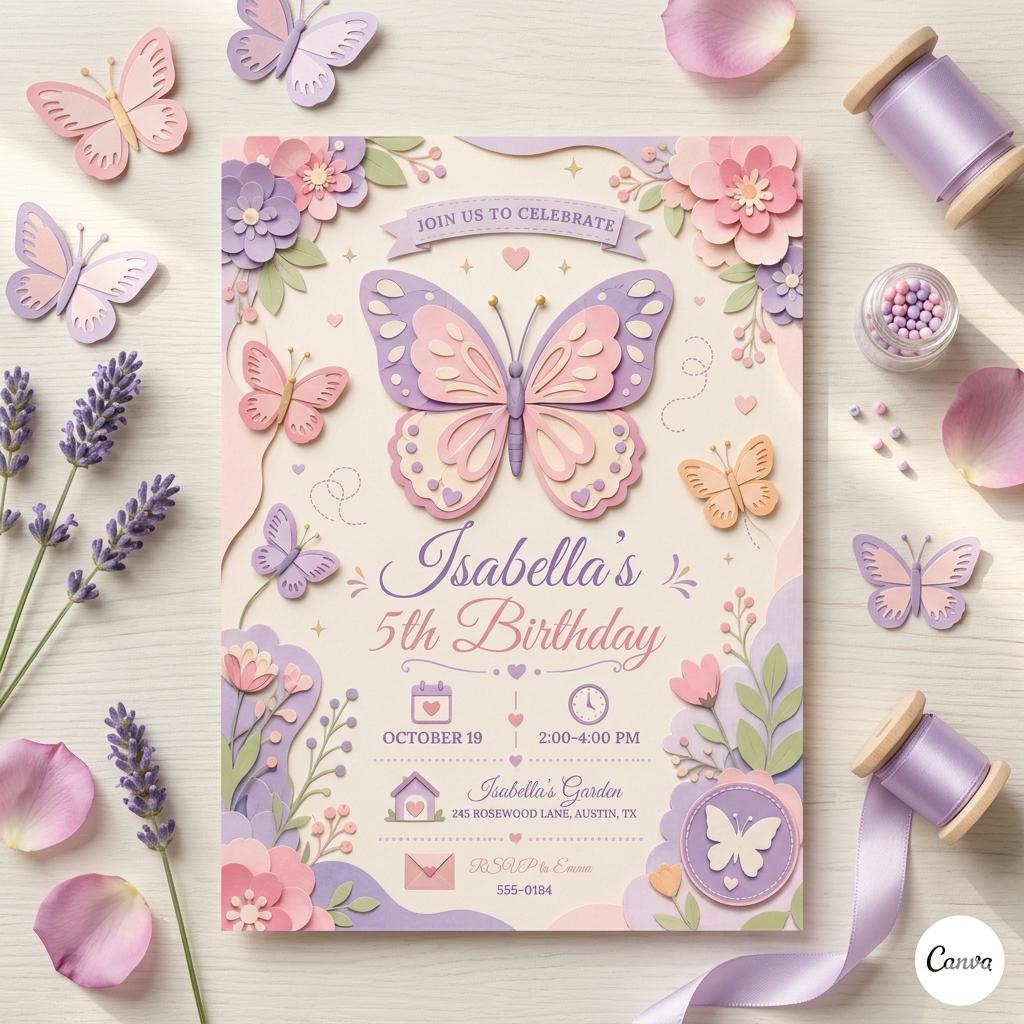 Butterfly Invite, Pink Butterfly Birthday Invitation, Girl Butterfly Party, Fairy 1st Birthday, Editable Canva Template
