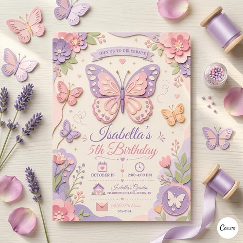 Butterfly Invite, Pink Butterfly Birthday Invitation, Girl Butterfly Party, Fairy 1st Birthday, Editable Canva Template