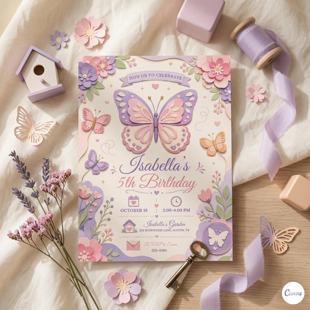 Butterfly Invite, Pink Butterfly Birthday Invitation, Girl Butterfly Party, Fairy 1st Birthday, Editable Canva Template