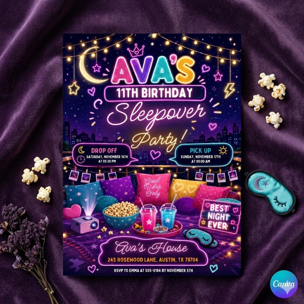 Editable Sleepover Party Invitation - Slumber Birthday Invite, Girls Sleepover Birthday Invitations, Pink Slumber Party, Canva template
