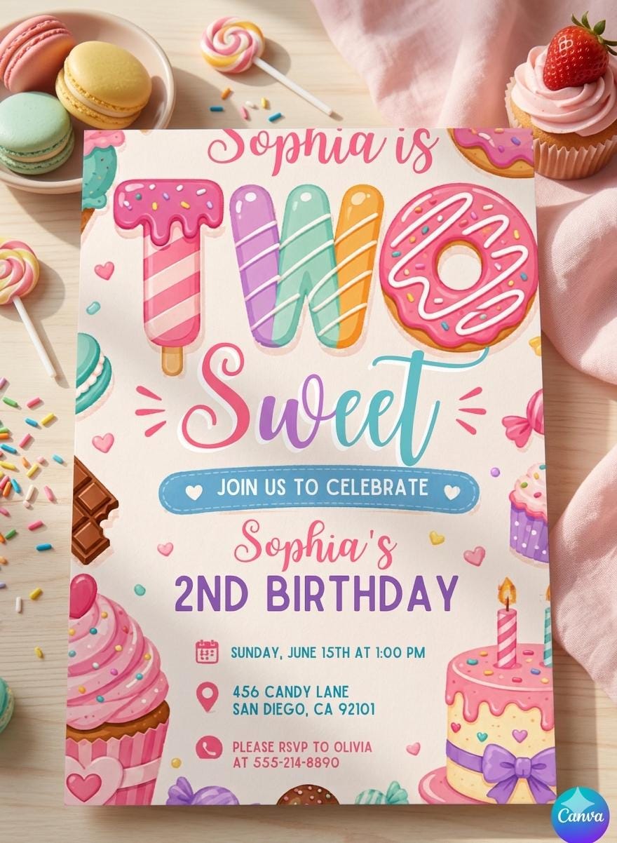 Two Sweet Birthday Invitation In Pink, Personalized Girl Second Birthday Invitation (Digital Download)
