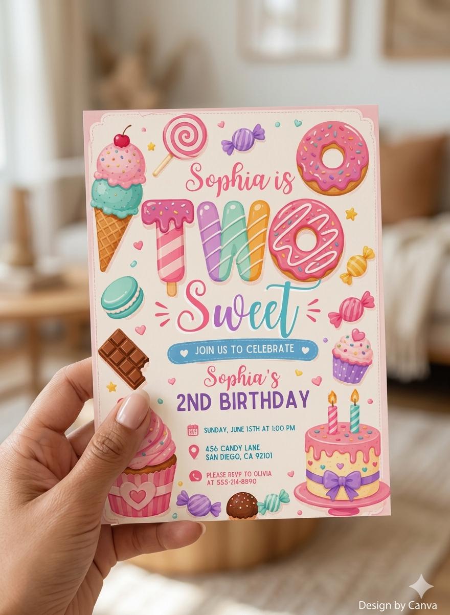 Two Sweet Birthday Invitation In Pink, Personalized Girl Second Birthday Invitation (Digital Download)