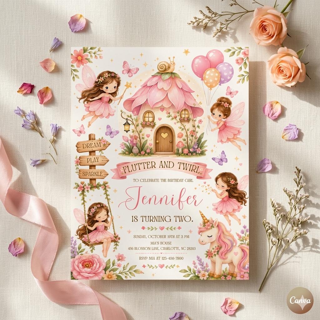 Spring Fairy Birthday Invitation, Flutter Twirl Party, Floral Bow Girl (Canva Template)