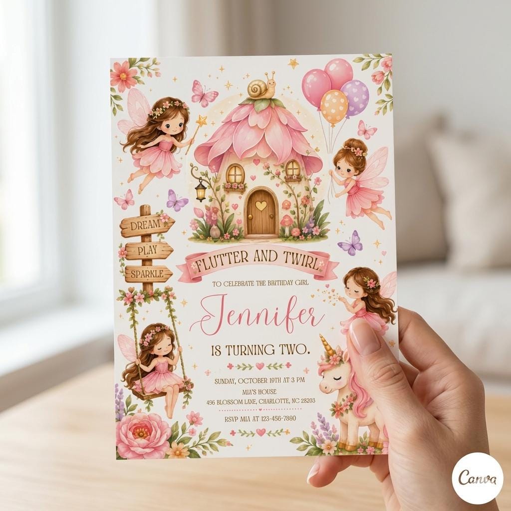 Spring Fairy Birthday Invitation, Flutter Twirl Party, Floral Bow Girl (Canva Template)