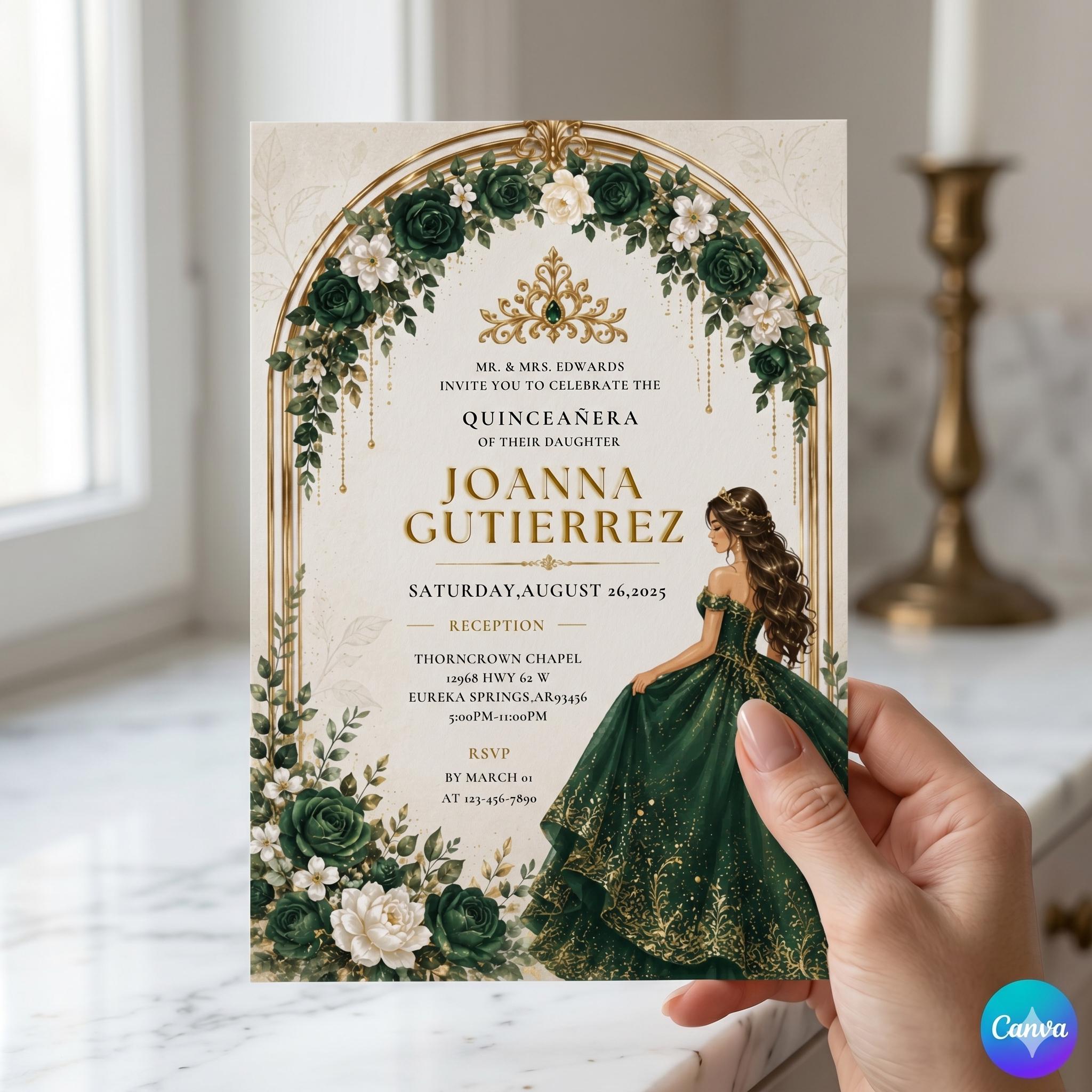 Editable Quinceañera Invitation, Red Roses Gold Black, Mis Quince Anos (Digital Template)