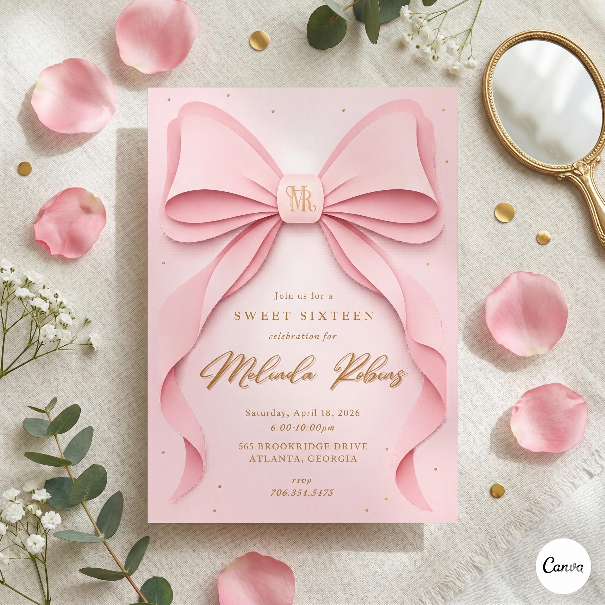 EDITABLE Pink Bow Invitation, Printable Pink Bow Birthday Invite, Minimalist Pink Bow, Watercolor Pink Bow Birthday, Preppy Birthday Invite