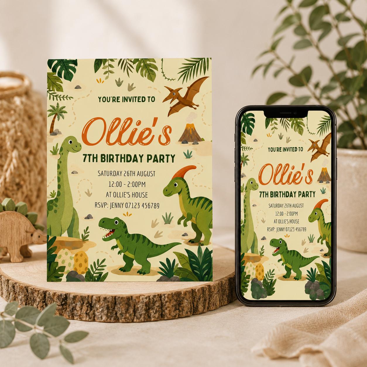 tWatercolour Dino , Dinosaur Party Invitations , Personalised Birthday Party Invites , With Envelopes