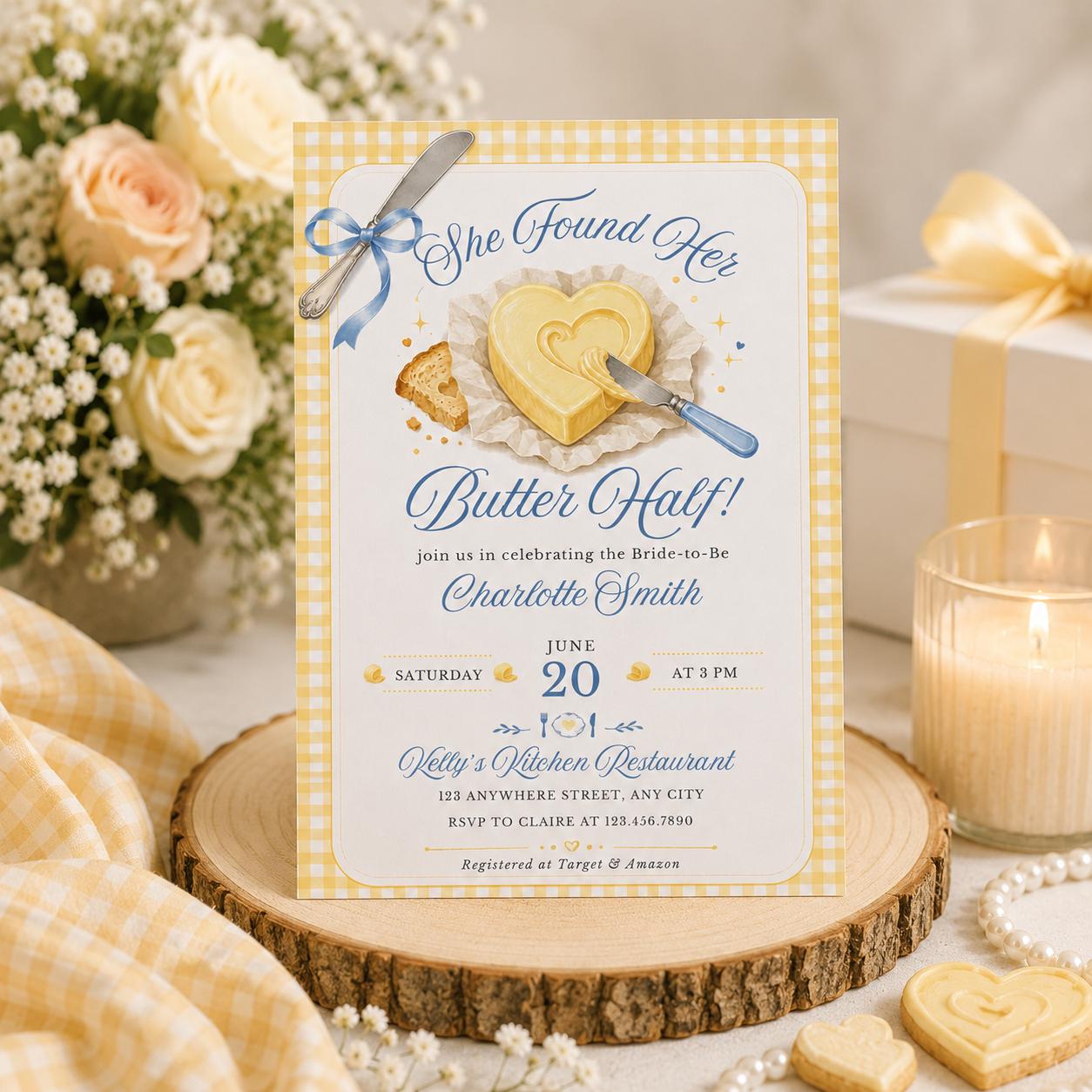 She Found Her Butter Half – Bridal Shower Invitation, Editable Canva Template (Digital Download)