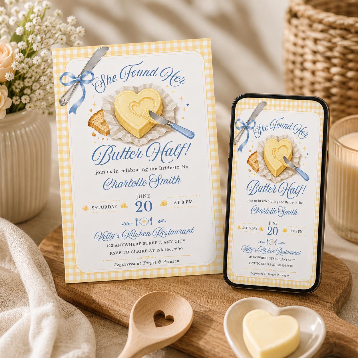 She Found Her Butter Half – Bridal Shower Invitation, Editable Canva Template (Digital Download)
