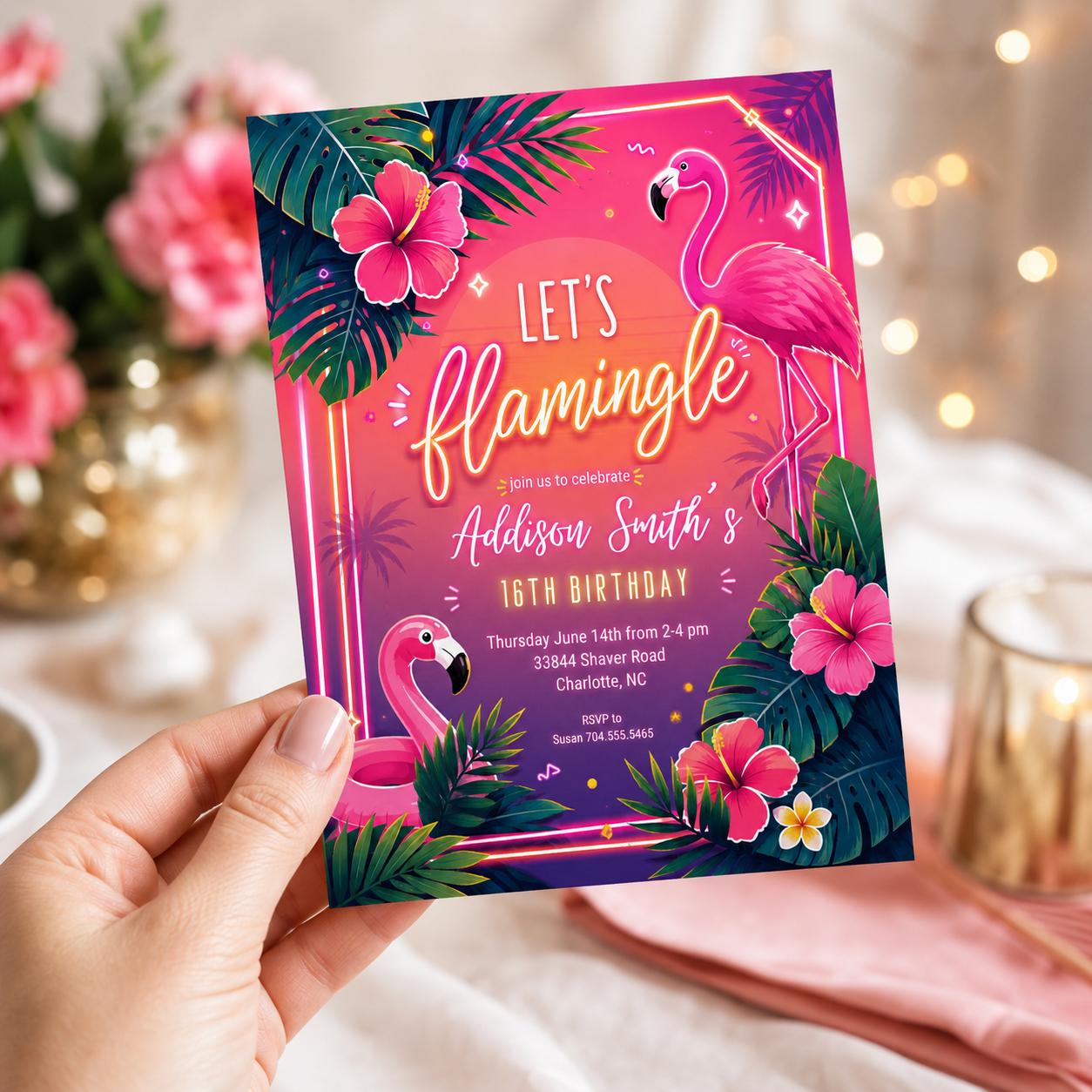flamingo pool party invitation, Tropical Birthday Invitation, Tropical Bridal Shower, Tropical Hawaiian Pool, pineapple, flamingle invite