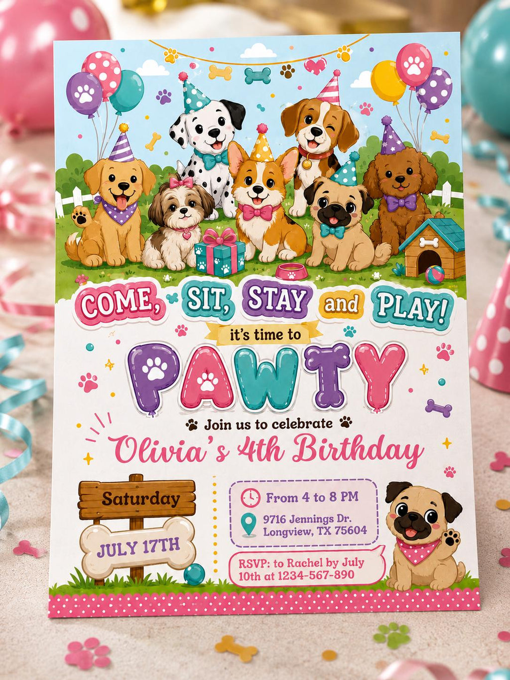 Dog Puppy Birthday Party Invitation - Custom Invite personalized for a girl - Instant Digital Template