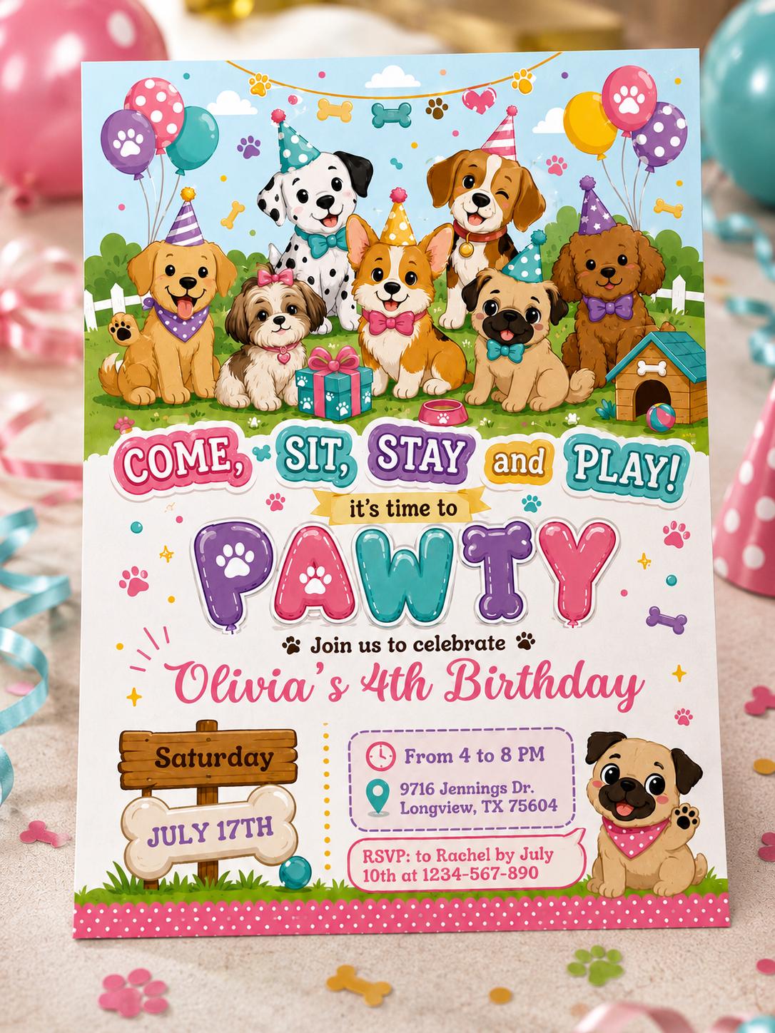 Dog Puppy Birthday Party Invitation - Custom Invite personalized for a girl - Instant Digital Template