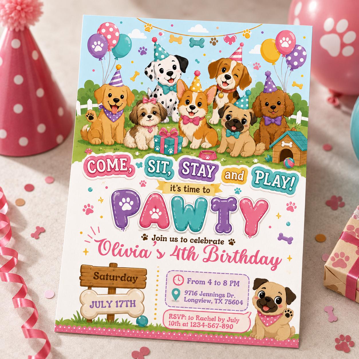 Dog Puppy Birthday Party Invitation - Custom Invite personalized for a girl - Instant Digital Template