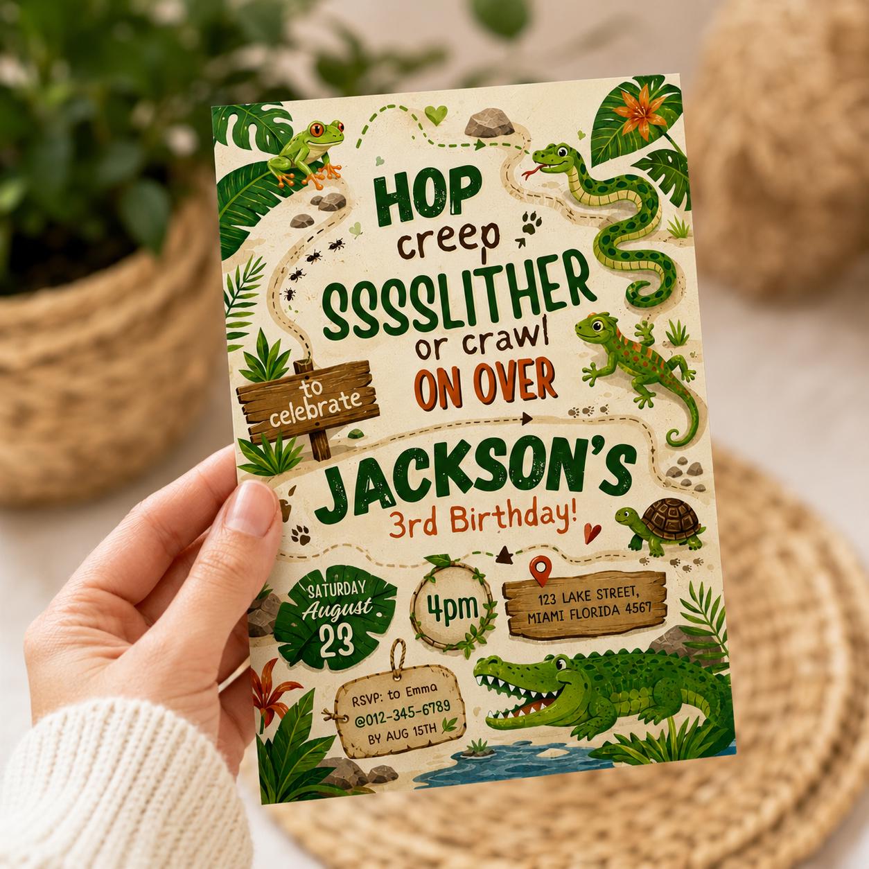Reptile Birthday Invitation, Lizard Nature Theme, Editable Canva Template (Digital Download)