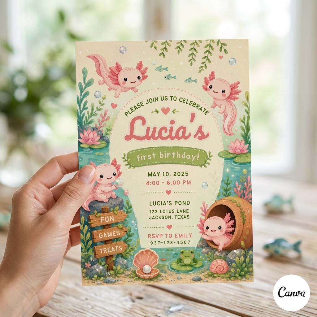 Axolotl Birthday Invitation, Watercolor Axolotl Birthday Invitation, Birthday Girl Party, Axolotl Birthday Party, Editable Canva Template