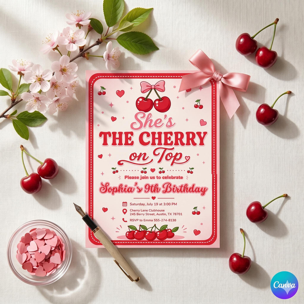 Editable Cherry Birthday Invitation, Stripes & Pink Bow, Cherry on Top Invite, Pink Gingham , Bow Canva Template (Digital Download)