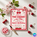 Editable Cherry Birthday Invitation, Stripes & Pink Bow, Cherry on Top Invite, Pink Gingham , Bow Canva Template (Digital Download)