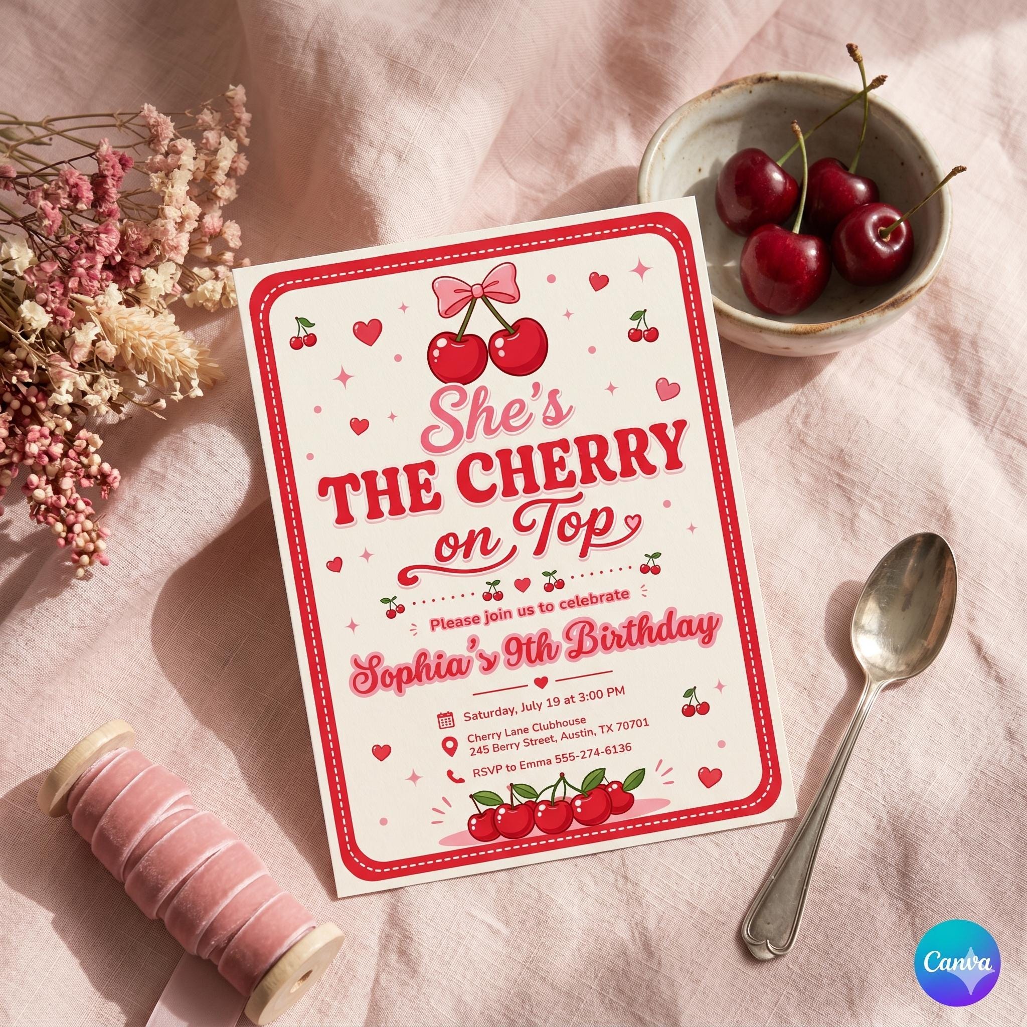 Editable Cherry Birthday Invitation, Stripes & Pink Bow, Cherry on Top Invite, Pink Gingham , Bow Canva Template (Digital Download)