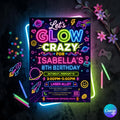 Glow Party Invitation Printable Girl Neon in the Dark Glow Invite Rainbow Girls Teen Birthday Printed Invite or Digital Download Editable