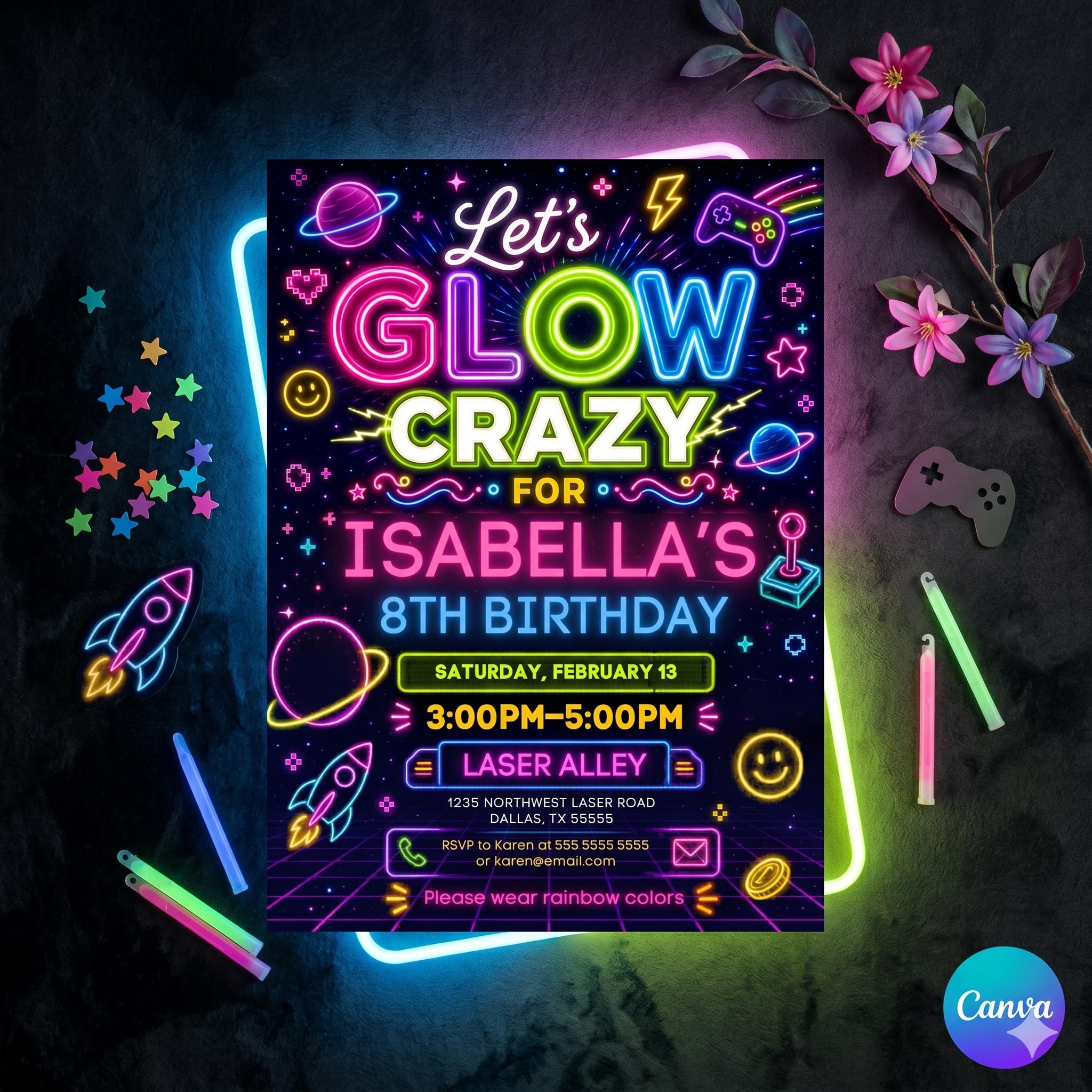 Glow Party Invitation Printable Girl Neon in the Dark Glow Invite Rainbow Girls Teen Birthday Printed Invite or Digital Download Editable