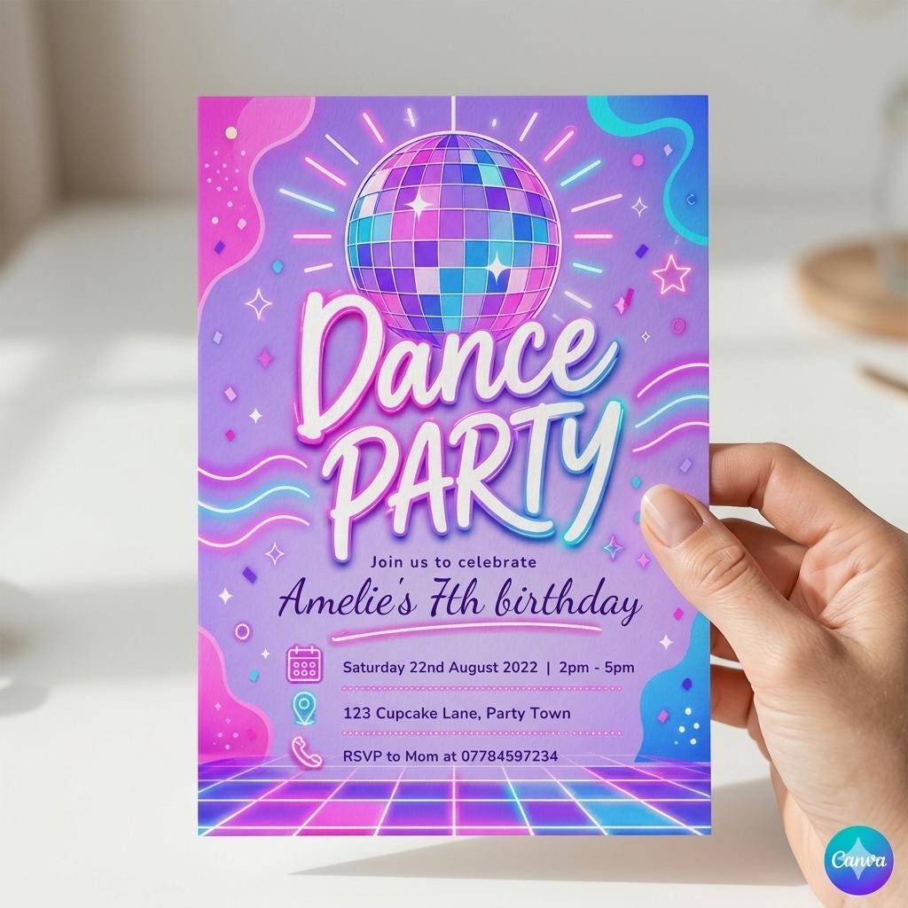 Editable dance party invite, disco party, purple sparkle, pink glitterball, holographic, edit yourself, printable, birthday invitation , A27