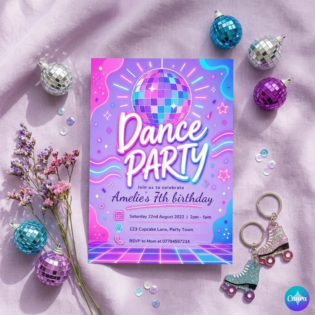 Editable dance party invite, disco party, purple sparkle, pink glitterball, holographic, edit yourself, printable, birthday invitation , A27