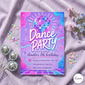 Editable dance party invite, disco party, purple sparkle, pink glitterball, holographic, edit yourself, printable, birthday invitation , A27