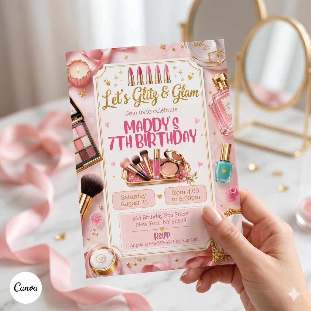 Spa Birthday Party Invitation, Pamper Party Invite, Girl Spa Birthday, Pink Bow Invitation, Editable Canva Template